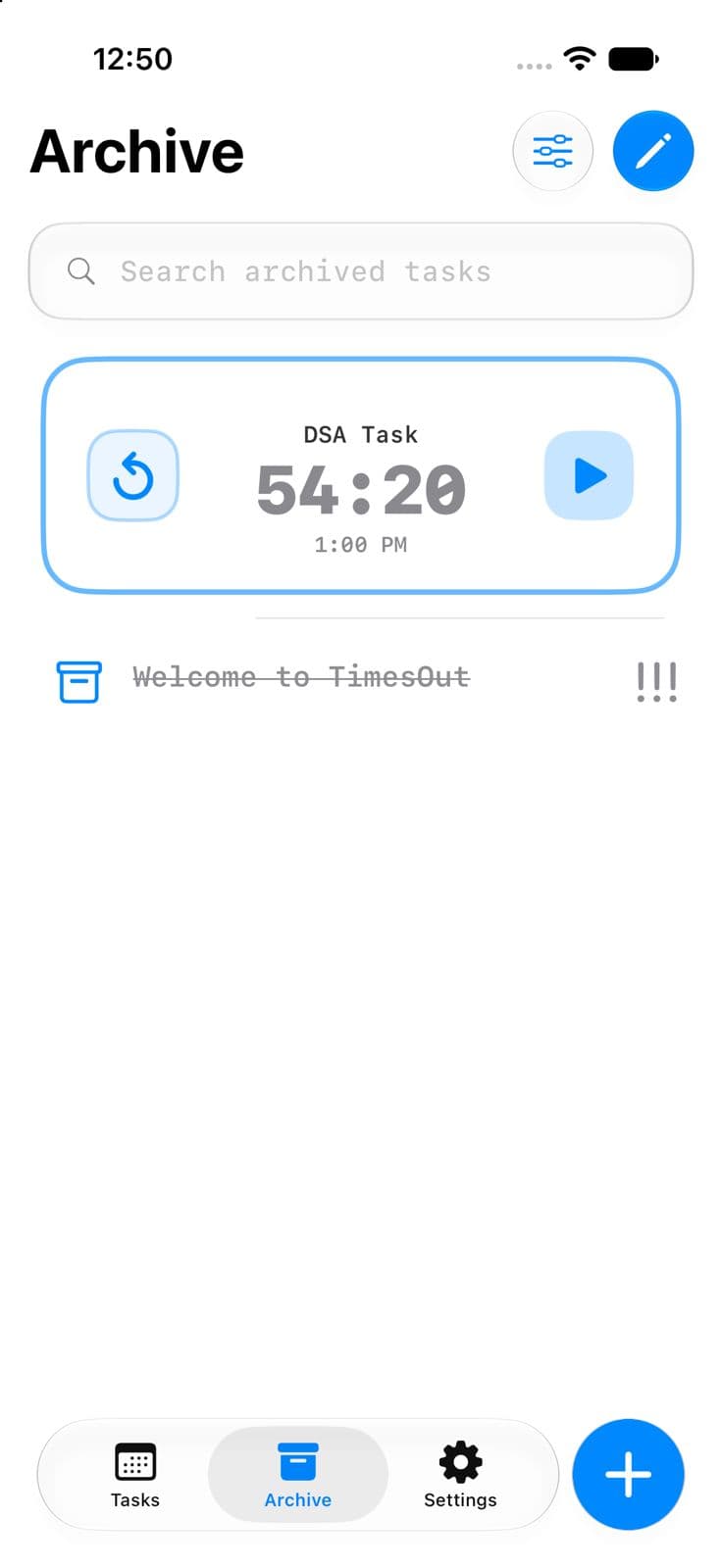 TimesOut task archive and focus session interface