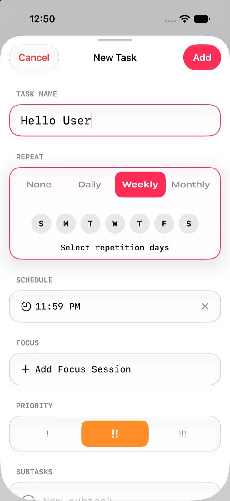 TimesOut task creation screen with priority levels, subtasks, and focus timers