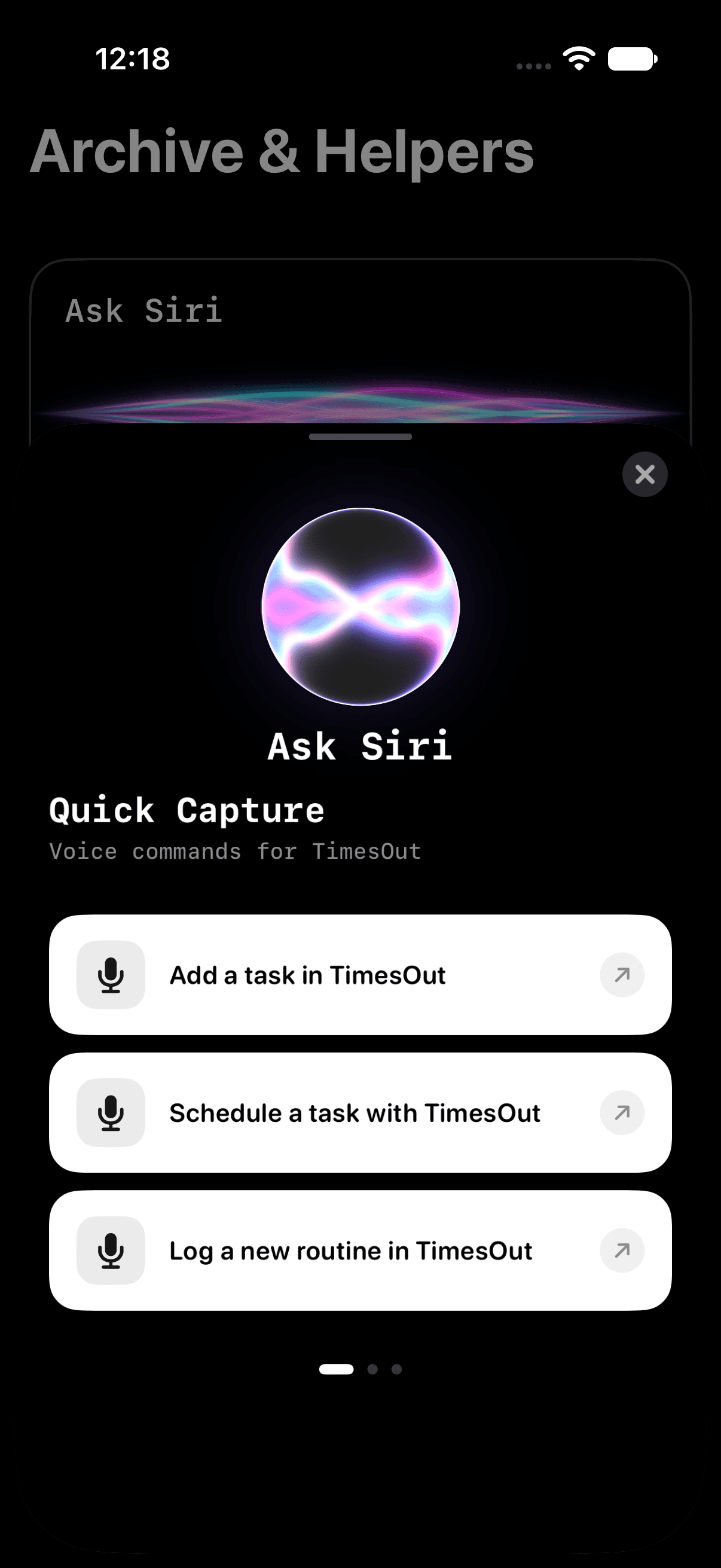 Hands-free Siri task capture voice command in TimesOut